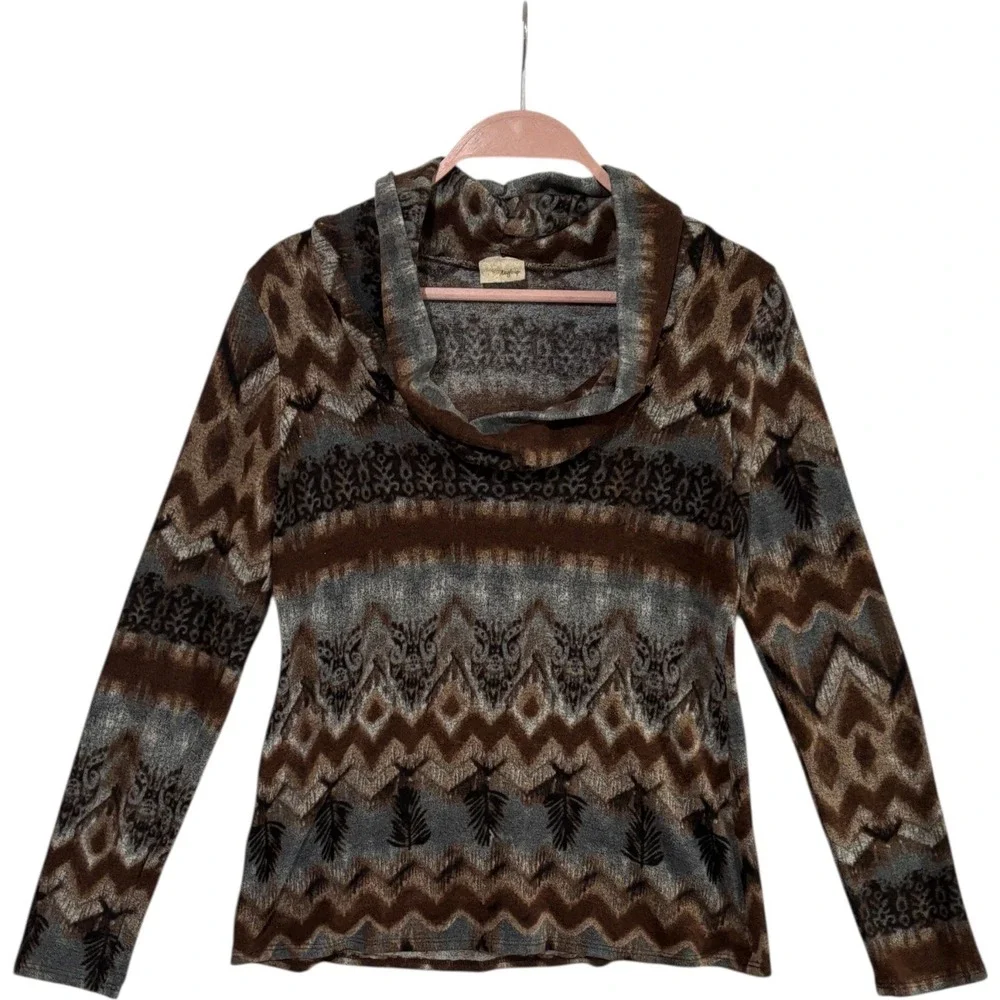 Daytrip Brown Boho Aztec Print Cowl Neck Long Sleeve Top Womens Sz L USA Stretch - Picture 2 of 6